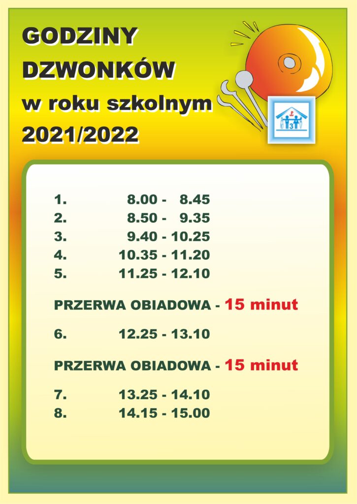 Informacja o godzinach dzwonków lekcyjnych
