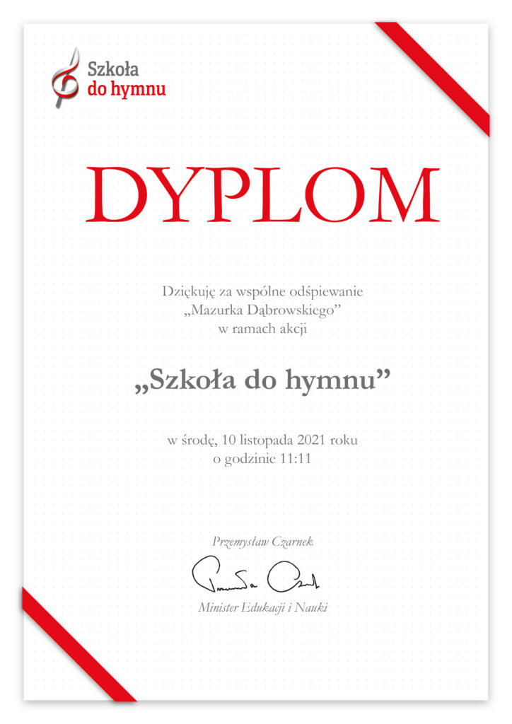 Dyplom za udział w akcji #Szkoła do Hymnu" 2021 r.