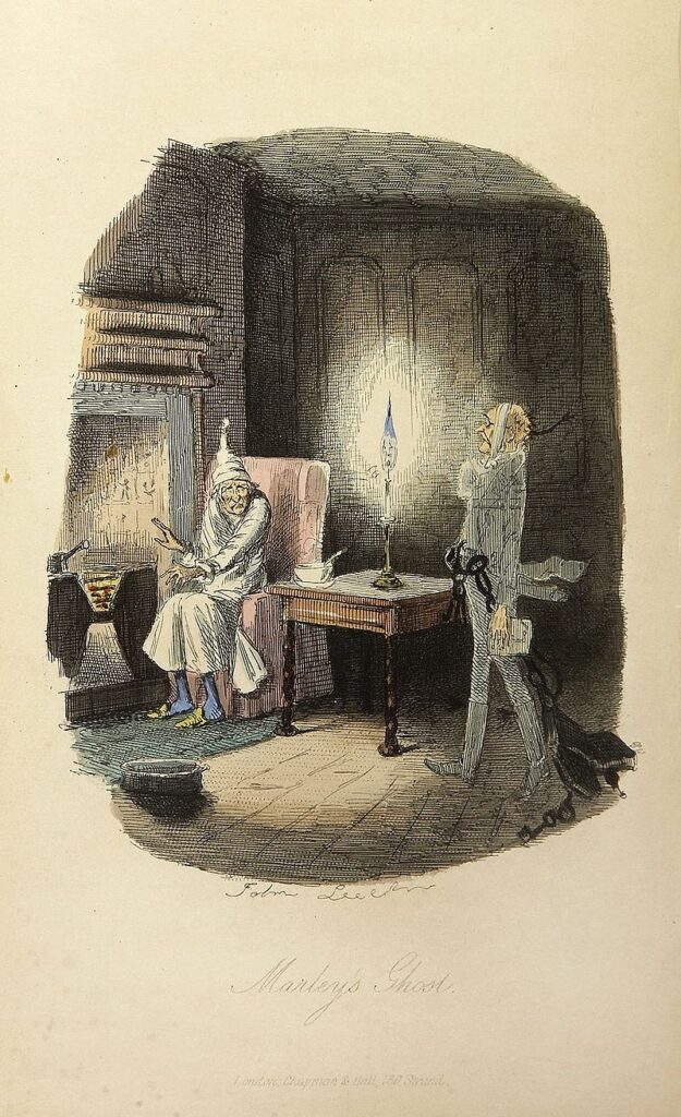 Scrooge odwiedzany przez ducha Marleya. Ilustracja Johna Leecha z pierwszego wydania Opowieści wigilijnej