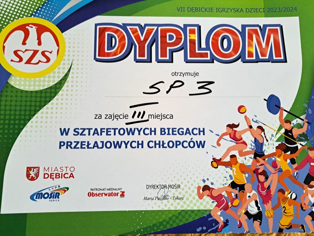 Dyplom - III miejsce w sztafetowych biegach przełajowych chłopców