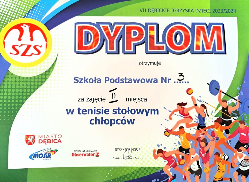 II MIEJSCE - TENIS STOŁOWY CHŁOPCÓW - DYPLOM