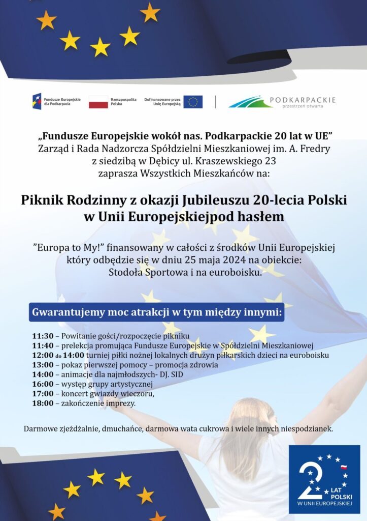 Plakat - Piknik Rodzinny z okazji Jubileuszu 20-lecia Polski w Unii Europejskiej