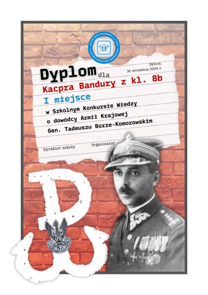 I miejsce - Kacper Bandura - Dyplom - szkolny konkurs wiedzy o Patronie Szkoły