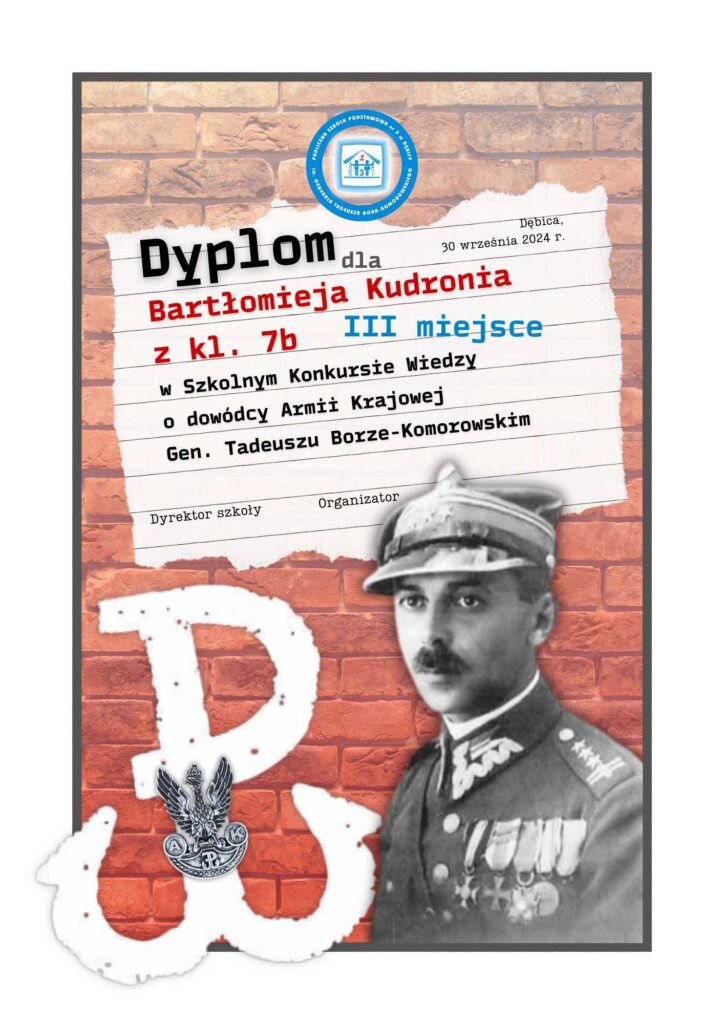 III miejsce - Bartłomiej Kudroń - Dyplom - szkolny konkurs wiedzy o Patronie Szkoły