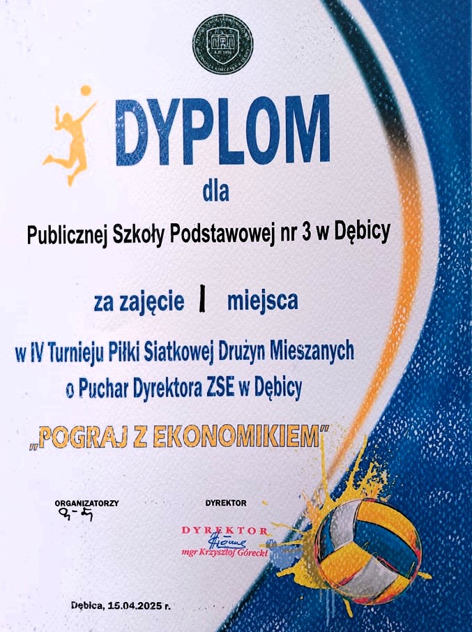 Złota drużyna - Turniej Piłki Siatkowej Drużyn Mieszanych o Puchar Dyrektora ZSE w Dębicy - dyplom