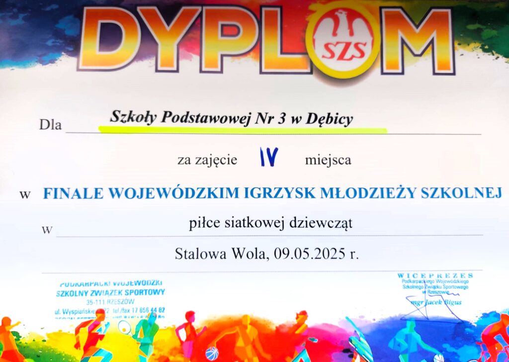 IV miejsce w Finale Wojewódzkim Igrzysk Młodzieży Szkolnej - piłka siatkowa - dyplom