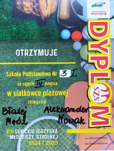 DĘBICKIE IGRZYSKA MŁODZIEŻY - SIATKÓWKA PLAŻOWA CHŁOPCÓW - dyplom III miejsce